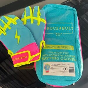 Bruce Bolt Men's Premium Pro Batting Gloves in Teal with Neon Yellow Accents